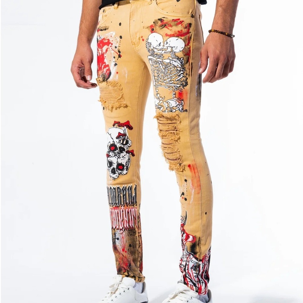 SUGARHILL Men's Modern Hell Jeans 36 Khaki Tan Paint Splatter Skeleton Skull
